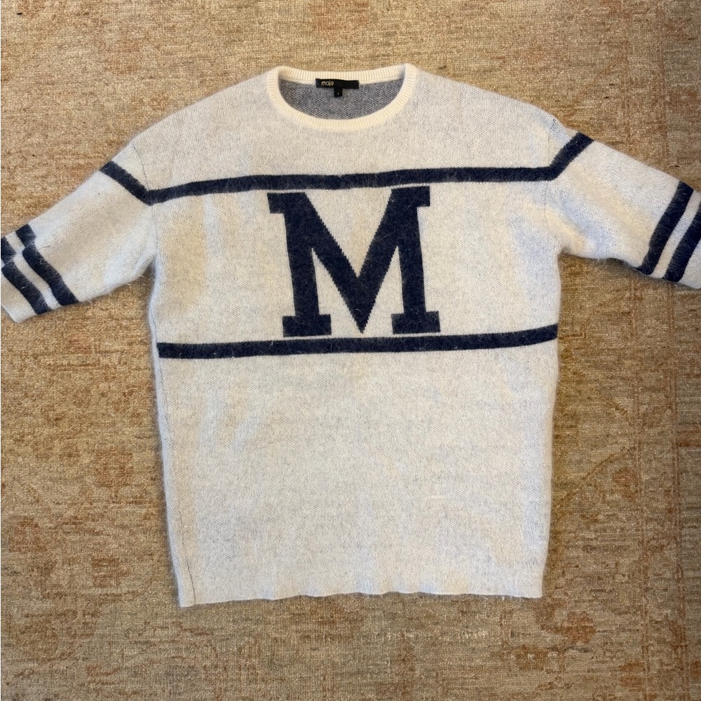 Maje Ivory and Navy Crewneck Sweater